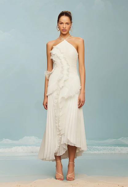 Women’s Halter Neck Ruffled Gown – Elegant Sleeveless Backless High Waist Irregular Long Dress