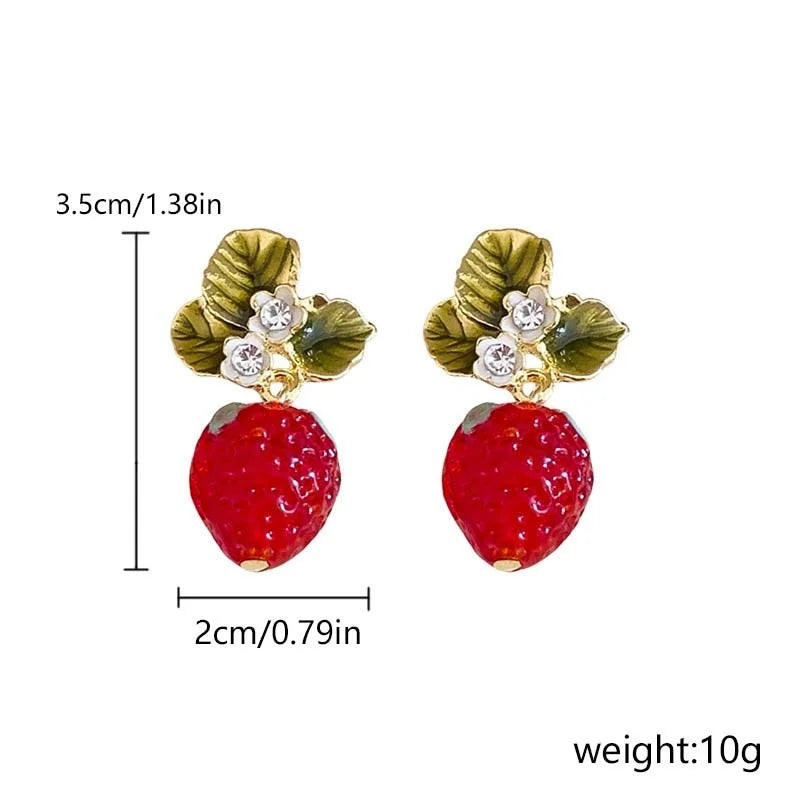 Women’s Strawberry Flower Drop Earrings – 3D Red Fruit & Green Leaf Dangle Jewelry