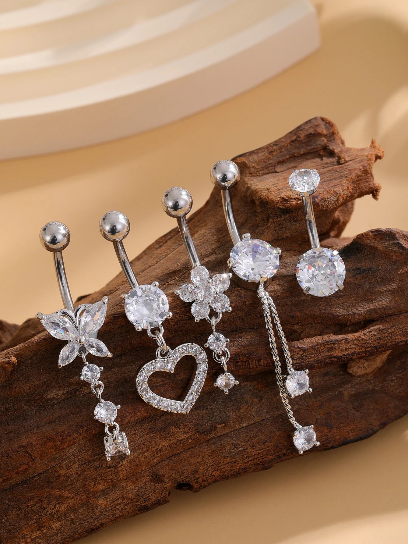 Women’s Belly Button – 5pcs Dangled Butterfly & Heart Navel Piercing Body Jewelry