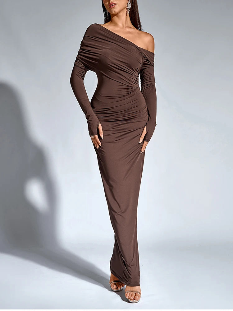 Women’s One Shoulder Asymmetric Elegant Maxi Dress – Long Sleeve Ruched Party Gown
