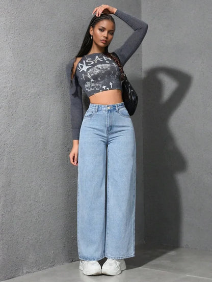 Women’s High-Waist Denim Pants – Vintage Wide-Leg Streetwear Jeans Bottom