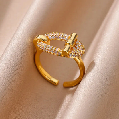 Women’s Jewelry Oval Hollow Zircon Open Ring | Trendy | Gold Tone | Aesthetic