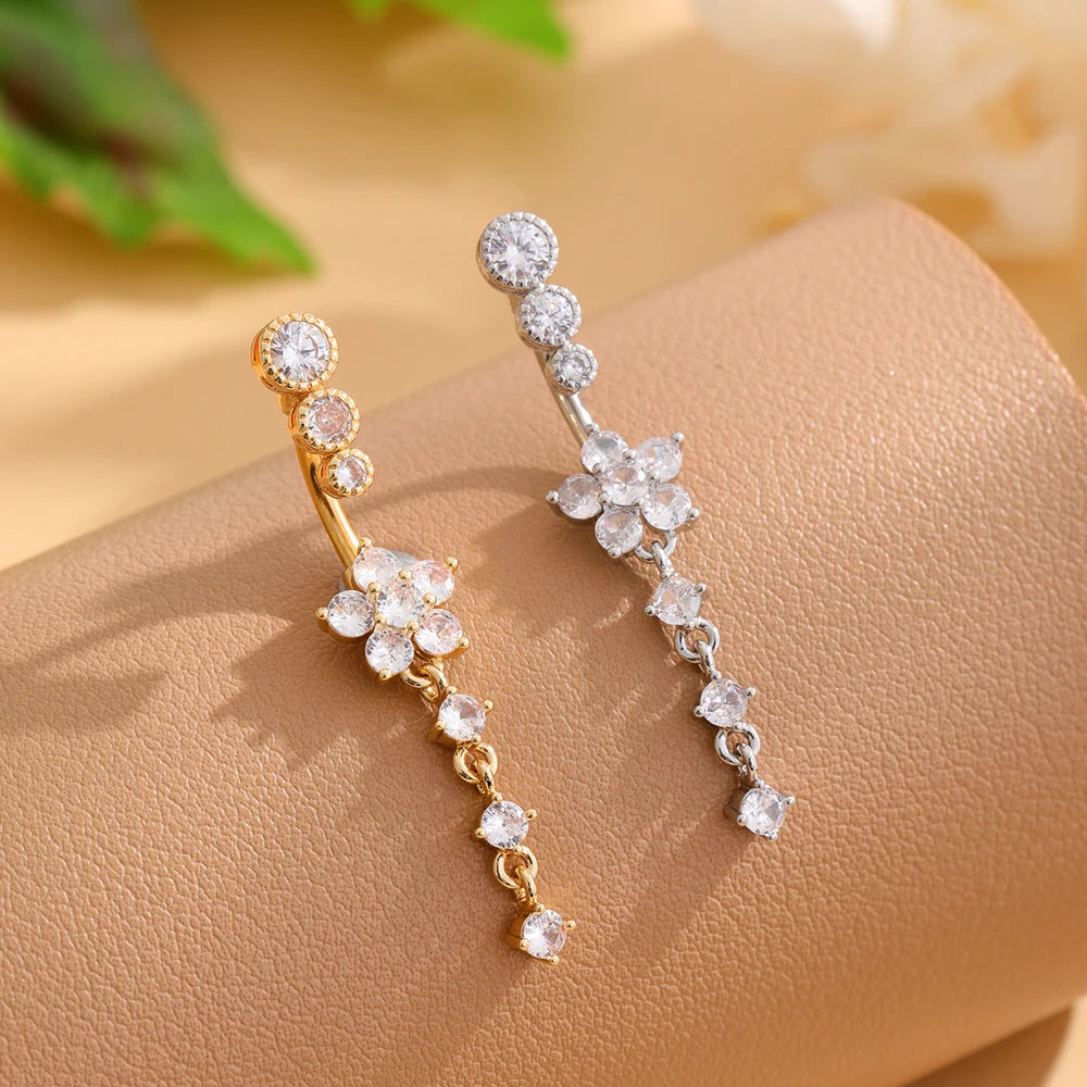 Women’s Gold Stainless Steel Belly Button – Long Dangle Flower CZ Crystal Navel Piercing Jewelry