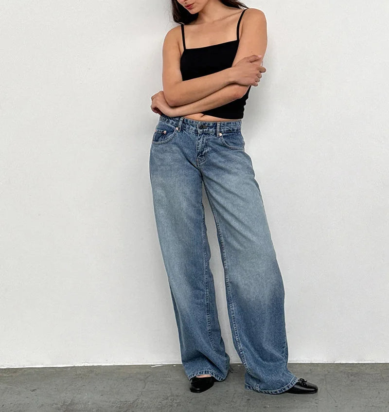 Women’s Jeans Bottom – Low Waist Straight Denim Pants with Pockets Casual Y2K Streetwear