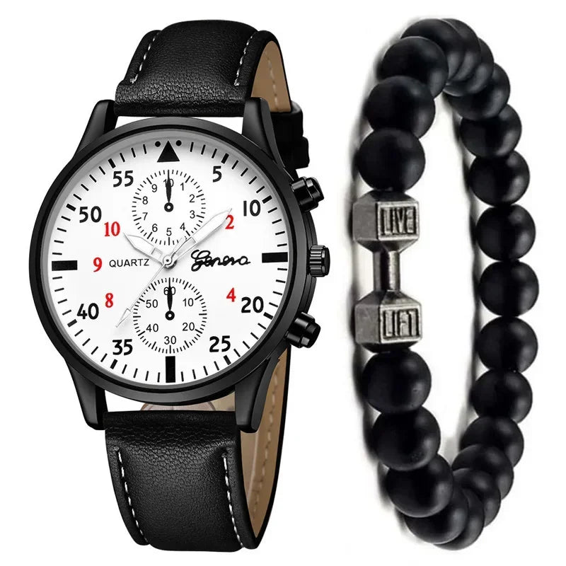 Men’s Luxury Watch Jewelry Set – Leather Strap Fashion Wristwatches Gift Pack with bracelet
