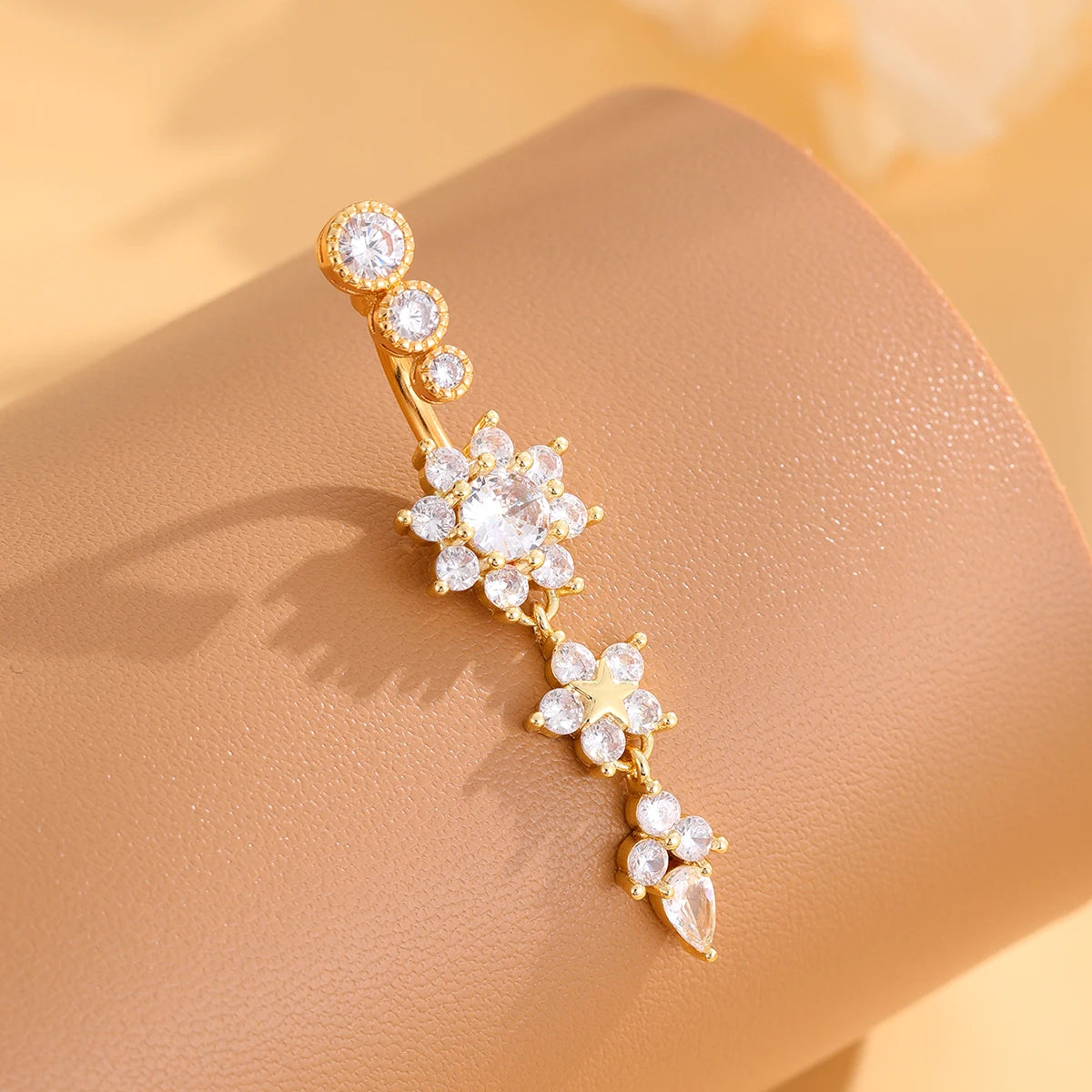 Women’s Gold Stainless Steel Belly Button – Long Dangle Flower CZ Crystal Navel Piercing Jewelry