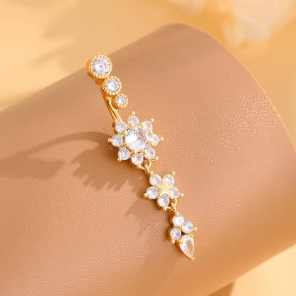 Women’s Gold Stainless Steel Belly Button – Long Dangle Flower CZ Crystal Navel Piercing Jewelry