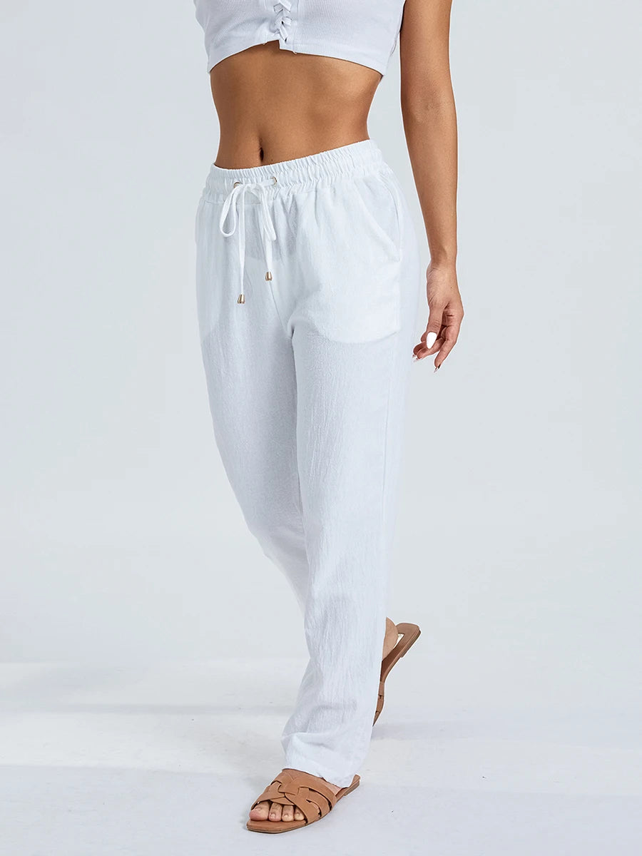 Women’s Loose Wide Leg Pants Bottom – Casual Solid Color Drawstring Trousers