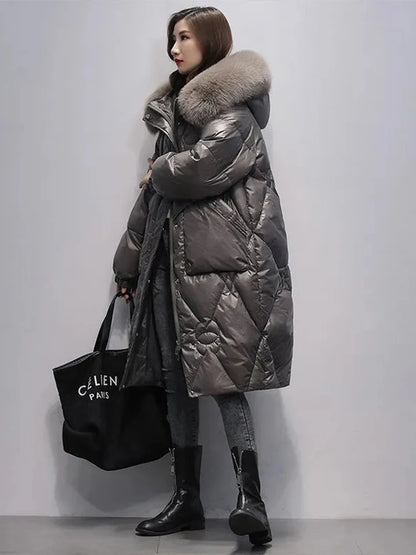 Women’s Cotton Puffer Outerwear – Long Padded Fur Collar Jacket