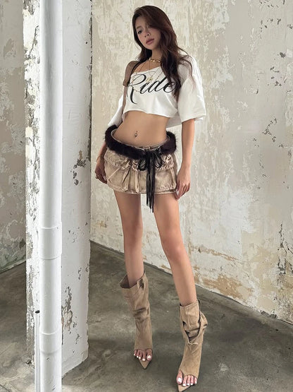 Women’s Letter Print Crop Top – Loose Fit, Asymmetric Collar, Summer Streetwear Trend Top