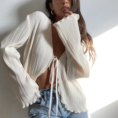 Women’s Pleated Plain V-Neck Tie-Up Top | Chic Long Flare Sleeve Spring/Fall Shirt | Casual & Streetwear Fashion Top