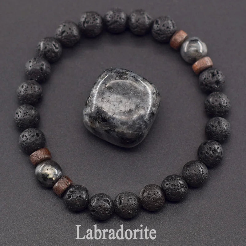 Men’s Tiger Eye & Lava Stone Bead Bracelet – Tibetan Buddha Elastic Wristband Jewelry