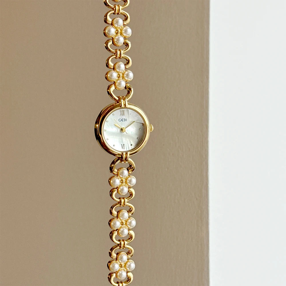Women’s Small Gold Quartz Watch | Vintage | Pearl Chain | Elegant