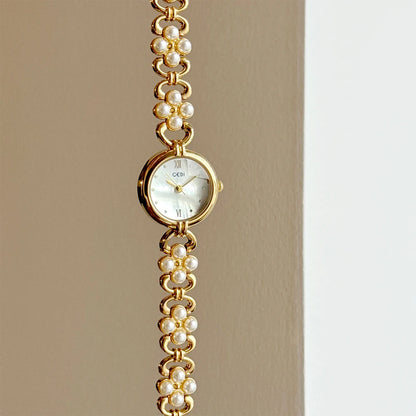 Women’s Small Gold Quartz Watch | Vintage | Pearl Chain | Elegant