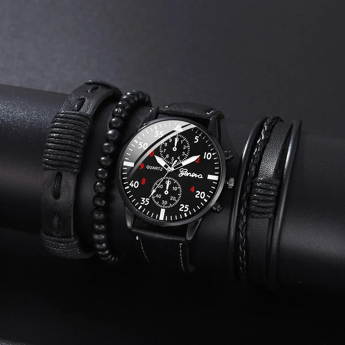 Men’s Luxury Watch Jewelry Set – Leather Strap Fashion Wristwatches Gift Pack with bracelet