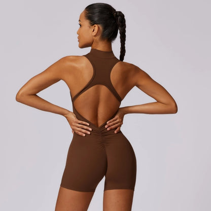 Women’s Backless Scrunch Yoga Jumpsuit | Soft One-Piece Zip Sportswear | Fitness Workout Short Suit