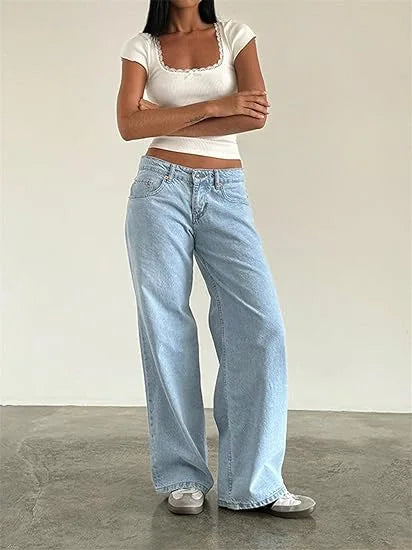 Women’s Jeans Bottom – Low Waist Straight Denim Pants with Pockets Casual Y2K Streetwear