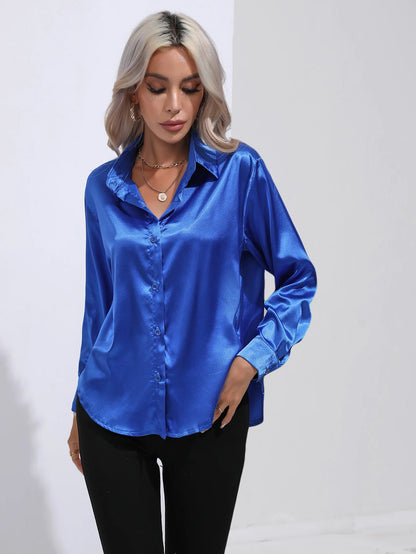 Women’s Satin Imitation Silk Shirt | Long Sleeve Lapel Office Top | Elegant Solid Blouse