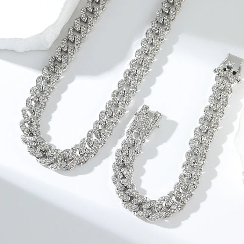 Women’s Thick Cuban Chain Jewelry Set – Necklace & Bracelet, Waterproof Punk Style