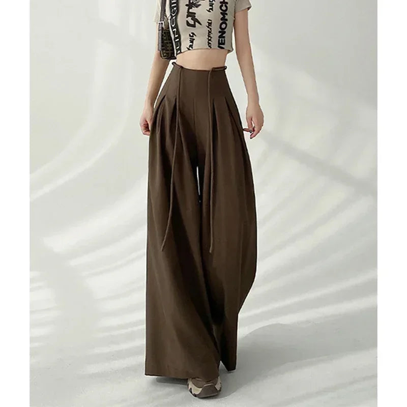 Women’s Streetwear Wide Leg Pants Bottom – Korean High Waist Lace-Up Suit Trousers, Elegant Black Summer Fashion