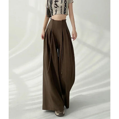 Women’s Streetwear Wide Leg Pants Bottom – Korean High Waist Lace-Up Suit Trousers, Elegant Black Summer Fashion