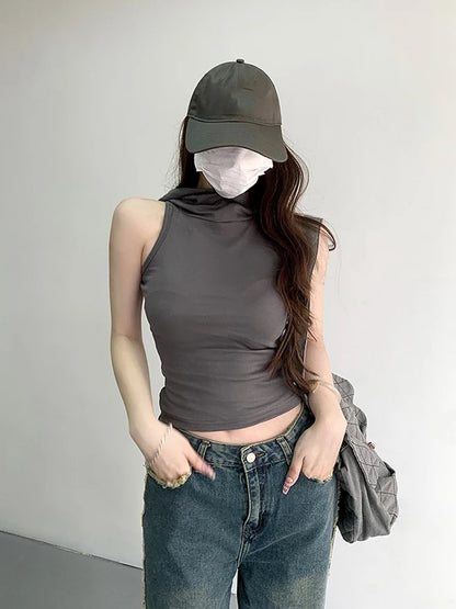 Women’s Hooded Tank Top | Sleeveless Slim Fit Streetwear Crop Vest | Solid Color Summer Top