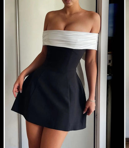 Women’s Strapless 3D Bow Evening Mini Dress – Sexy Backless Contrast Color Elegant Dress For Party