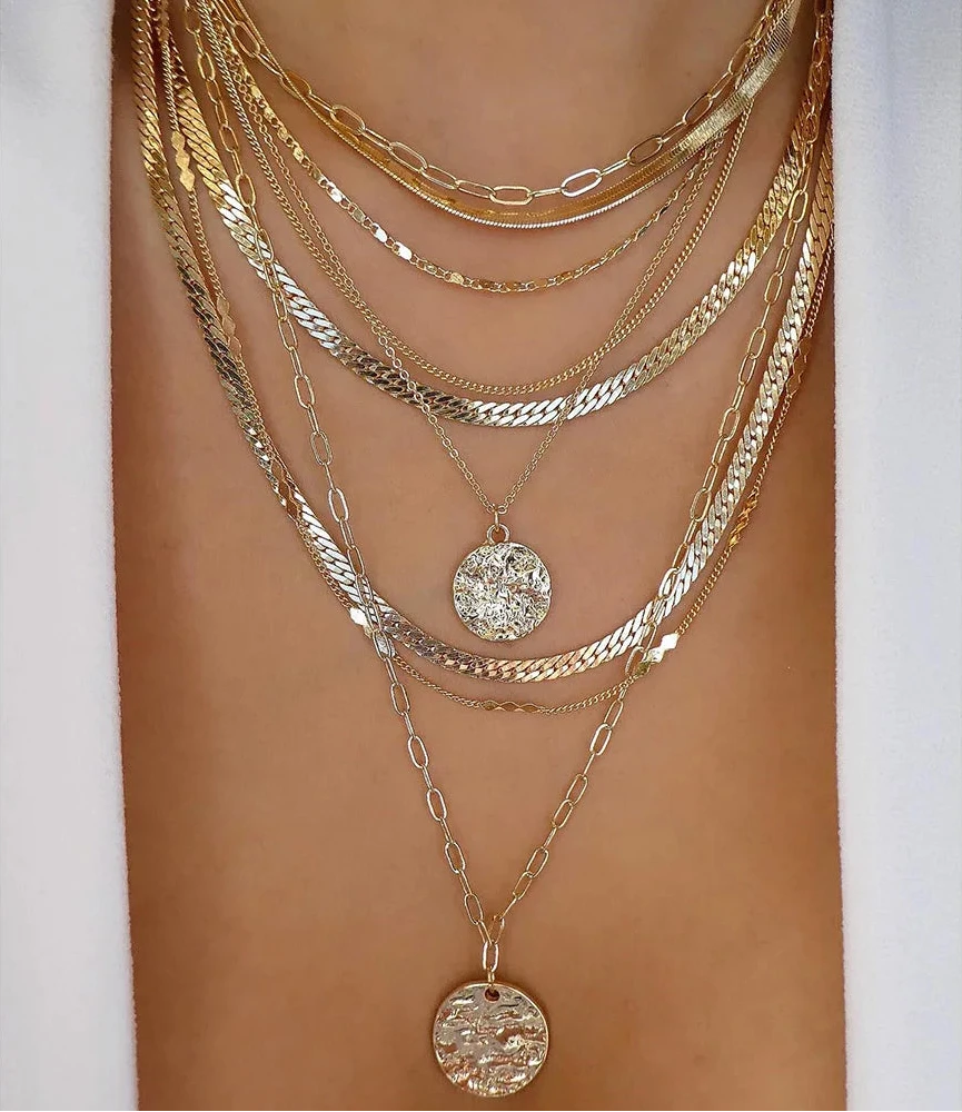 Women’s Jewelry Layered Disc Pendant Necklace | Vintage | Gold Tone | Trendy