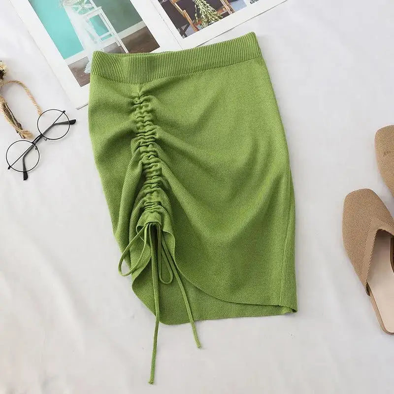 Women’s High Waist Knitted Mini Skirt – Stretch Side Drawstring Slim Fit Clubwear Bottom