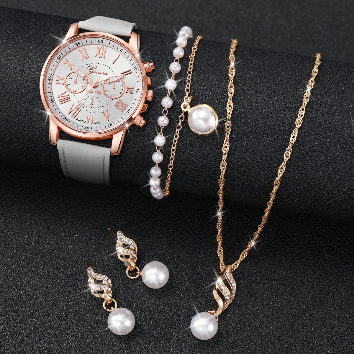 Women’s Watch Jewelry Set | Roman Dial | Leather Band | Quartz