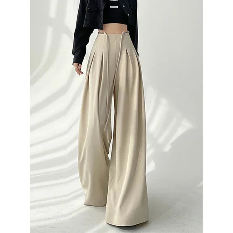 Women’s Streetwear Wide Leg Pants Bottom – Korean High Waist Lace-Up Suit Trousers, Elegant Black Summer Fashion