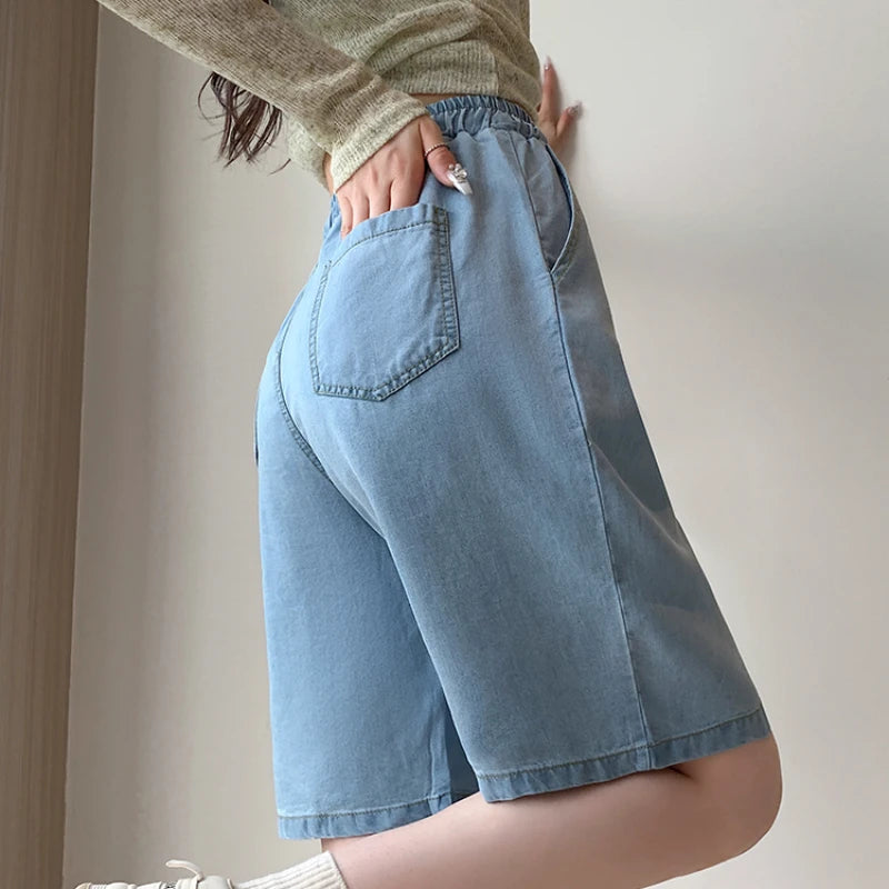 Women’s Denim Bermuda Bottom – High Waist Lace-Up Loose Wide Leg for Spring Summer