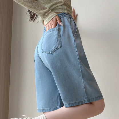 Women’s Denim Bermuda Bottom – High Waist Lace-Up Loose Wide Leg for Spring Summer