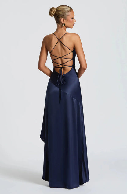 Women’s Satin Spaghetti Strap Maxi Dress – Elegant Split Backless Evening & Party Dress