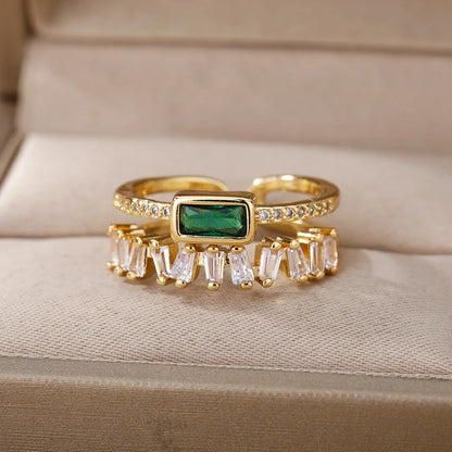 Women’s Jewelry Green Zircon Open Ring | Classic | Double Layer | Gold Plated