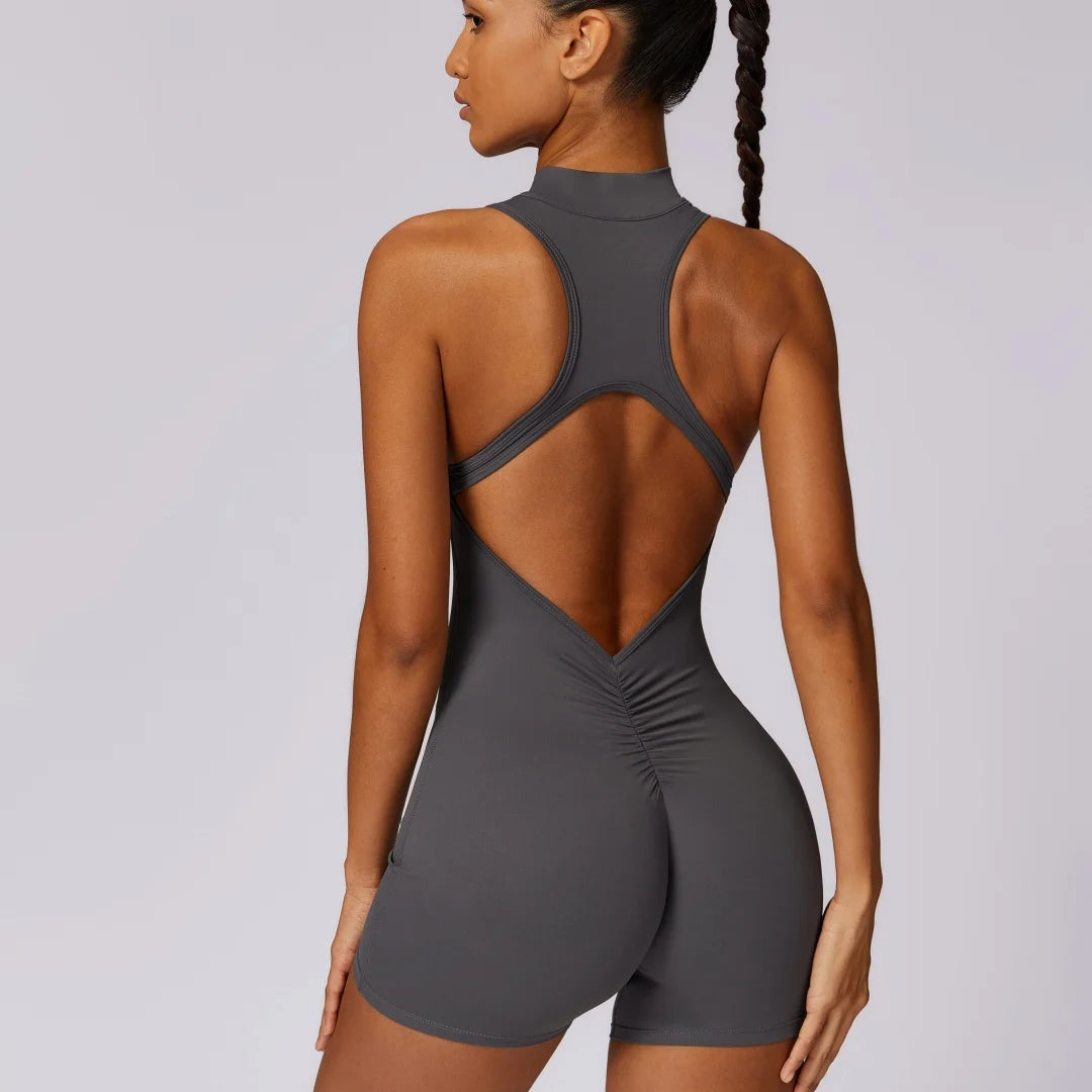Women’s Backless Scrunch Yoga Jumpsuit | Soft One-Piece Zip Sportswear | Fitness Workout Short Suit