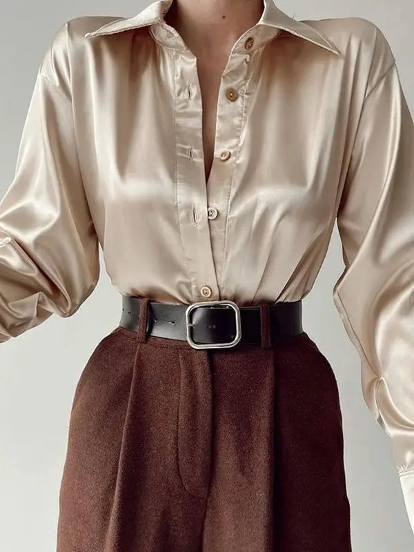 Women’s Vintage Polo Collar Shirt Top – Loose Button-Up Office Blouse in Blue, Green & Black for Autumn Fashion