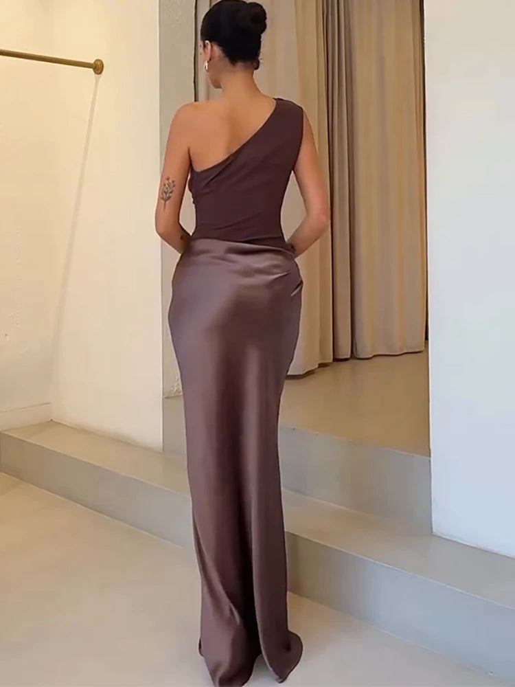 Women’s One-Shoulder Satin Maxi Dress – Elegant Evening Party Gown