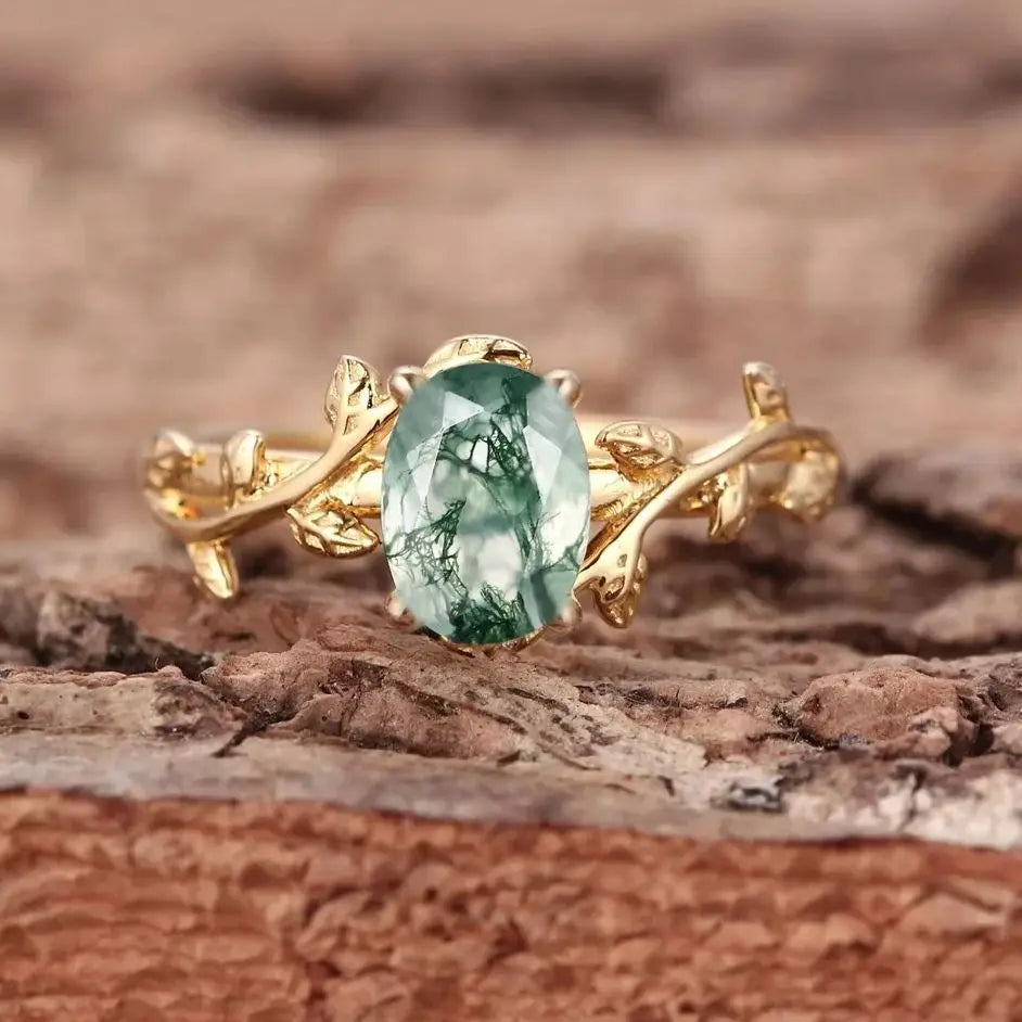 Women’s 925 Sterling Silver Moss Agate Oval Ring – Leaf Branch Cocktail Ring, Elegant Jewelry