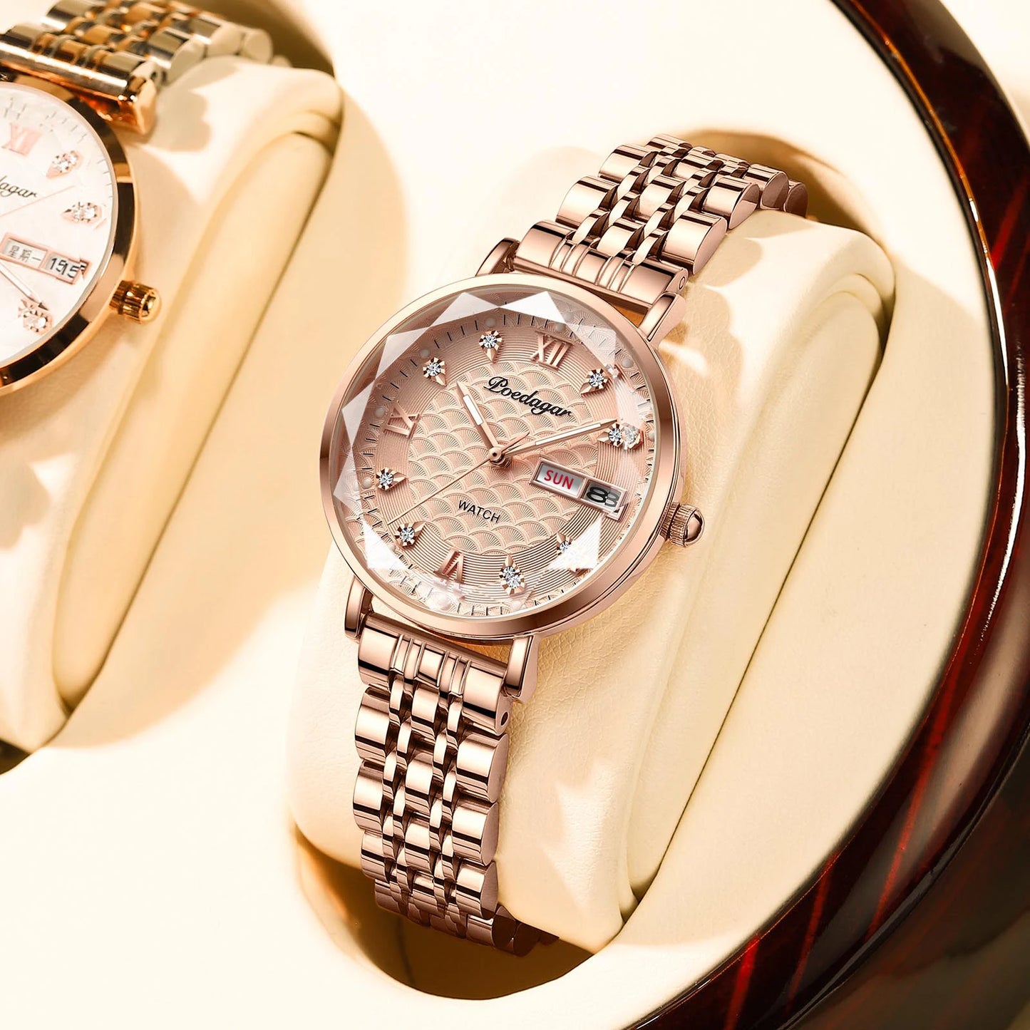 Women’s Luxury Stainless Steel Watch – Waterproof Wristwatch with Date & Week Display