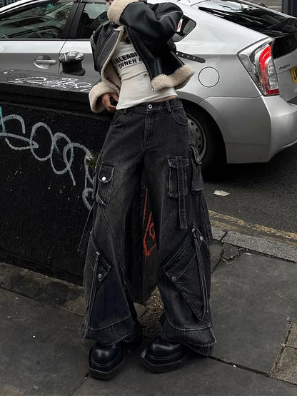 Women’s Punk Y2K Washed Black Cargo Jeans – Wide-Leg Baggy Streetwear Pants with Pockets