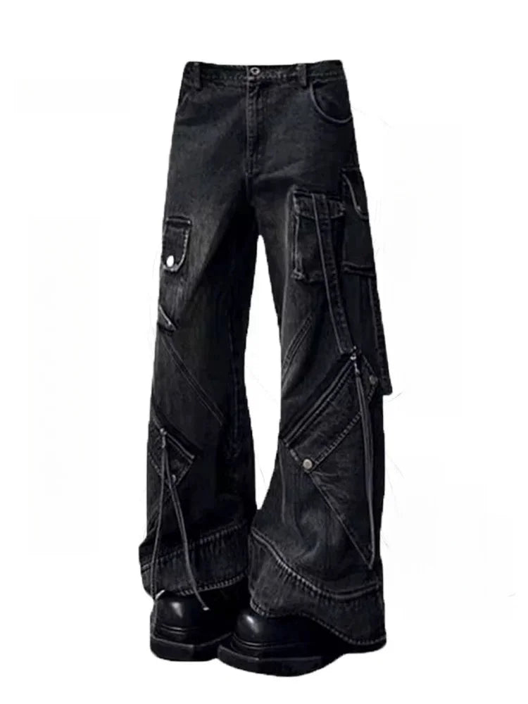 Women’s Punk Y2K Washed Black Cargo Jeans – Wide-Leg Baggy Streetwear Pants with Pockets