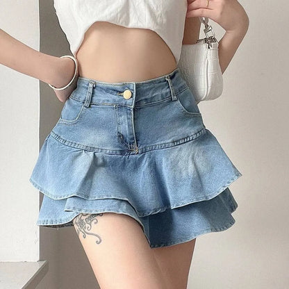 Women’s Vintage Denim Skirt Shorts Bottom – High Waist A-Line Ruffle Mini Jeans Skirt for Summer