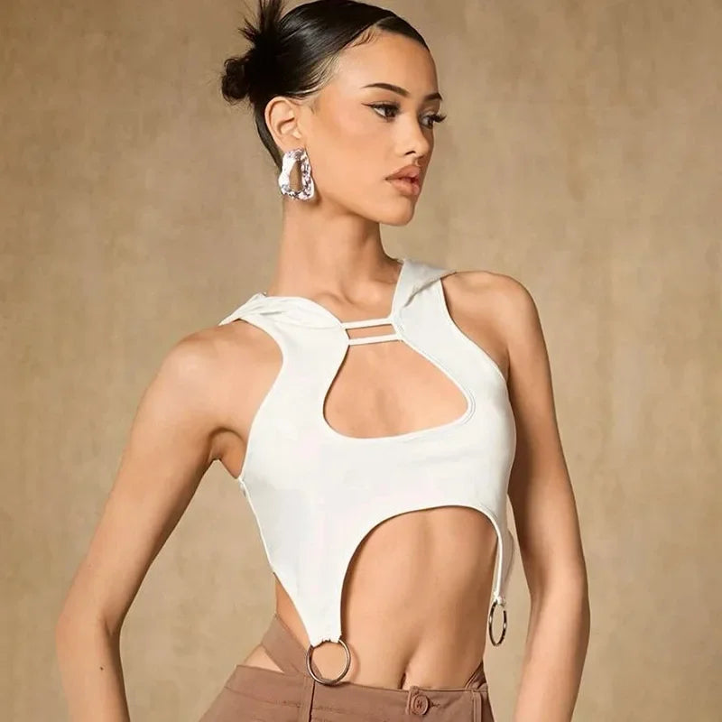 Women’s Hollowed Out Y2K Tank Top | Sleeveless Slim Hooded Streetwear Top | Trendy Casual Fashion