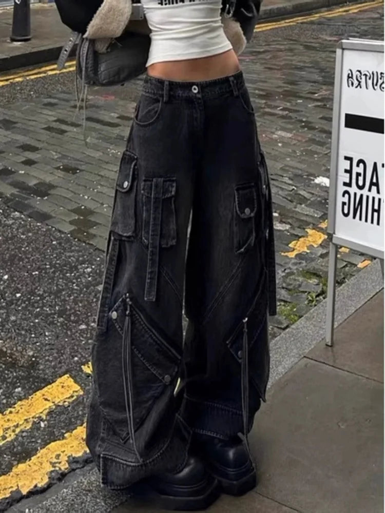 Women’s Punk Y2K Washed Black Cargo Jeans – Wide-Leg Baggy Streetwear Pants with Pockets