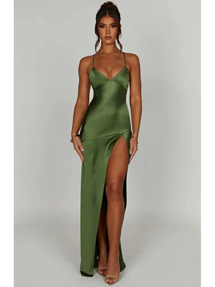 Women’s Satin Spaghetti Strap Dress – Elegant Backless Lace-Up Split Hem Long Party Maxi Dress