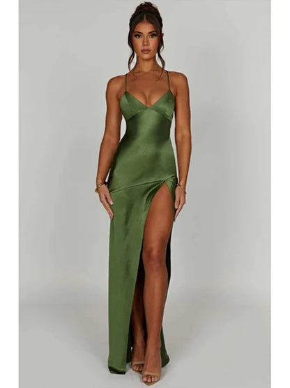 Women’s Satin Spaghetti Strap Dress – Elegant Backless Lace-Up Split Hem Long Party Maxi Dress