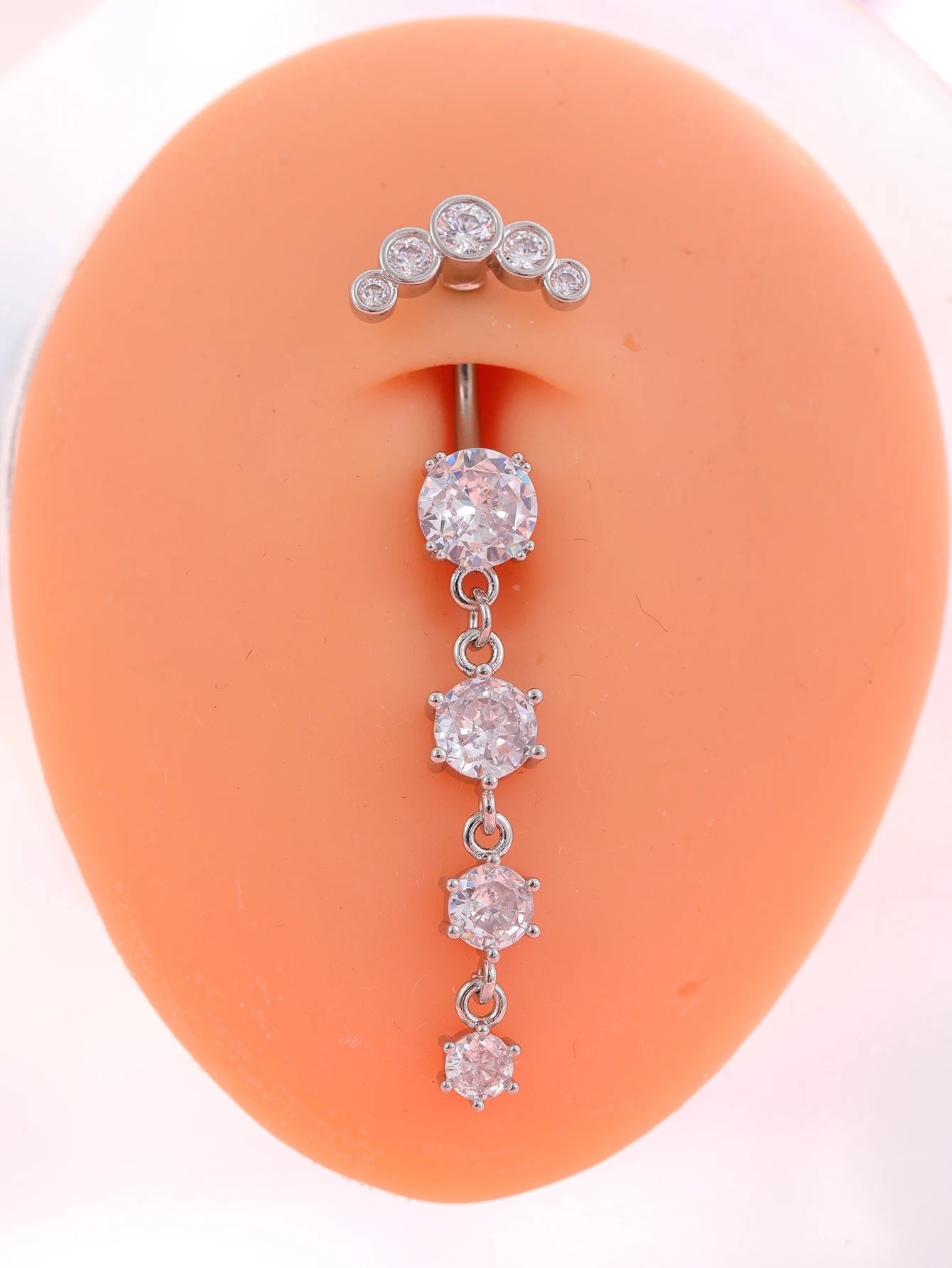 Women’s Gold Stainless Steel Belly Button – Long Dangle Flower CZ Crystal Navel Piercing Jewelry