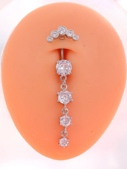 Women’s Gold Stainless Steel Belly Button – Long Dangle Flower CZ Crystal Navel Piercing Jewelry