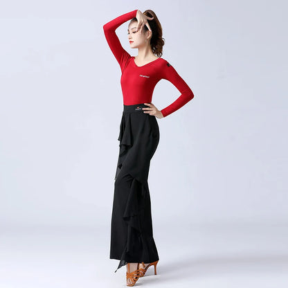 Women’s High-Waist Ruffle Dance Pants – Latin, Tango & Samba Performance Wide-Leg Trousers